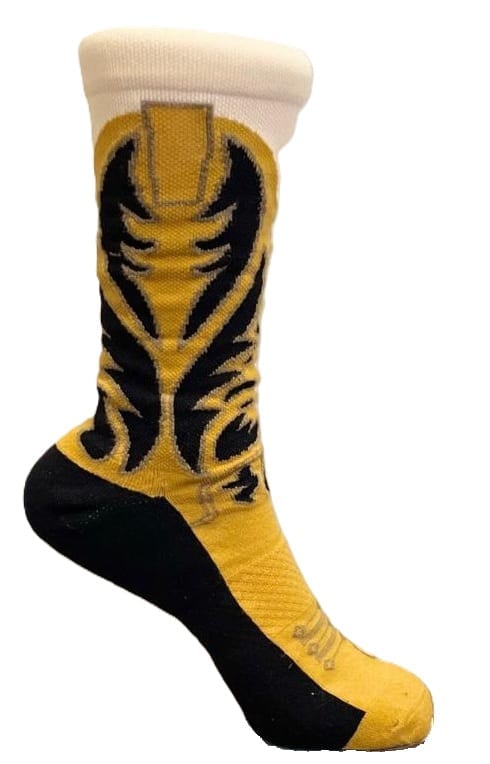 A mustard and black cowboy boot sock with a cream cuff, seen from the side.