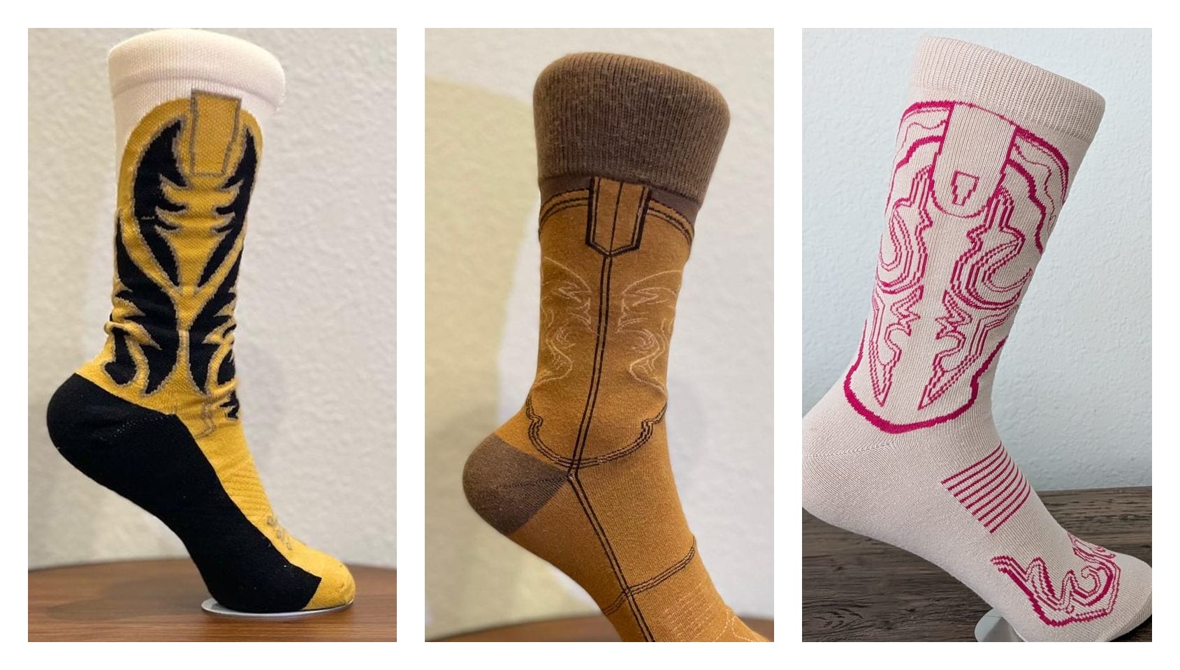 All three colorways side by side: mustard and black, camel and brown, and pink and cream.