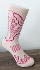 The pink and cream boot sock in profile, showing the striped band across the instep.